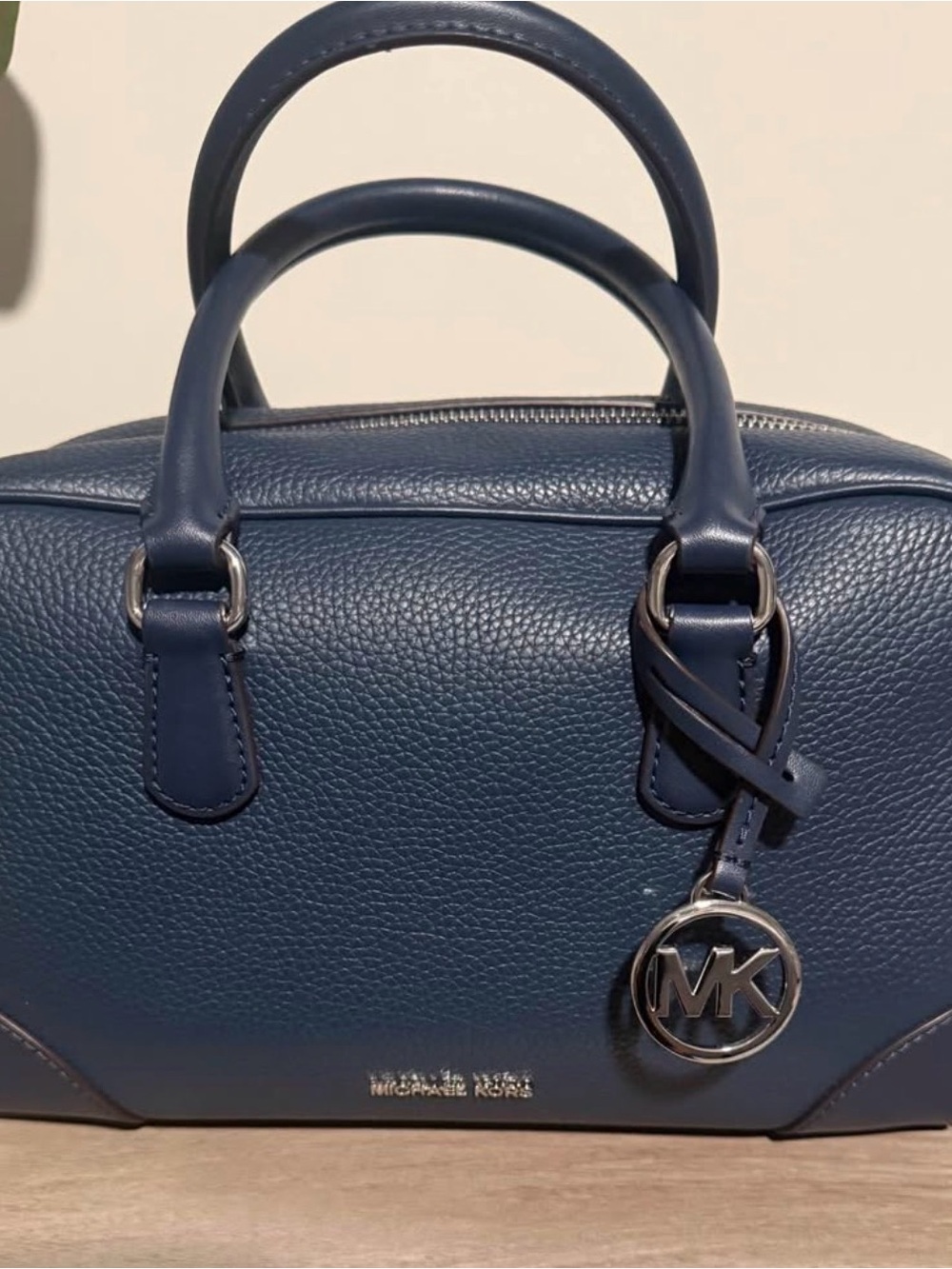 Michael Kors Navy Pebbled Leather Satchel with MK Charm